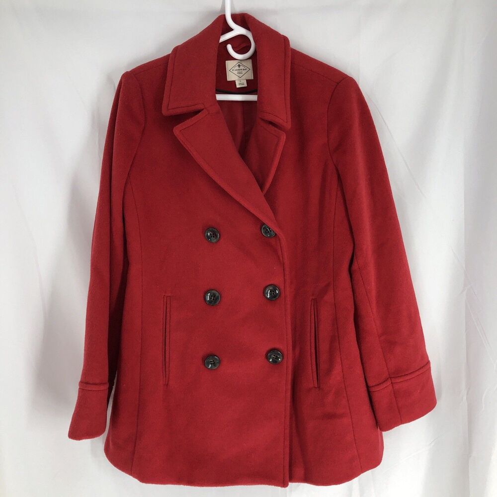 St. John's Bay Coat Womens Large Red Peacoat Double Breasted Pockets Winter
